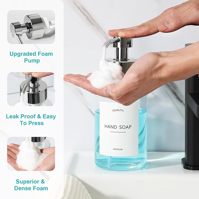 RACOBOT Foaming Soap Dispenser, 14.1 oz/400ml Foaming Hand Soap Dispenser, 2 Pack Glass Foaming Dispenser for Bathroom & Kitchen, Clear Refillable Liquid Dispenser Bottle with Waterproof Labels