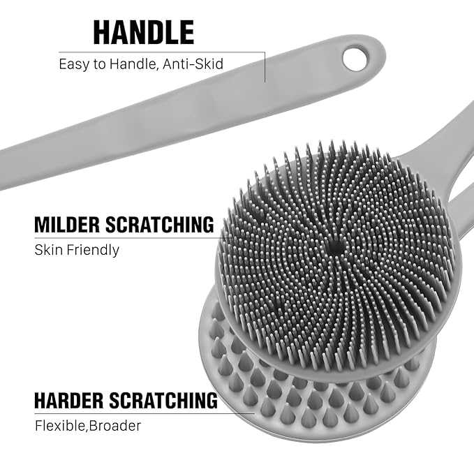 YouthRun Silicone Body Scrubber for Shower Men Women – Dual-Sided Exfoliating & Massage Shower Brush with Long Handle, Creates Rich Lather, Includes 1 Hook & 2 Lather Balls (Gray).