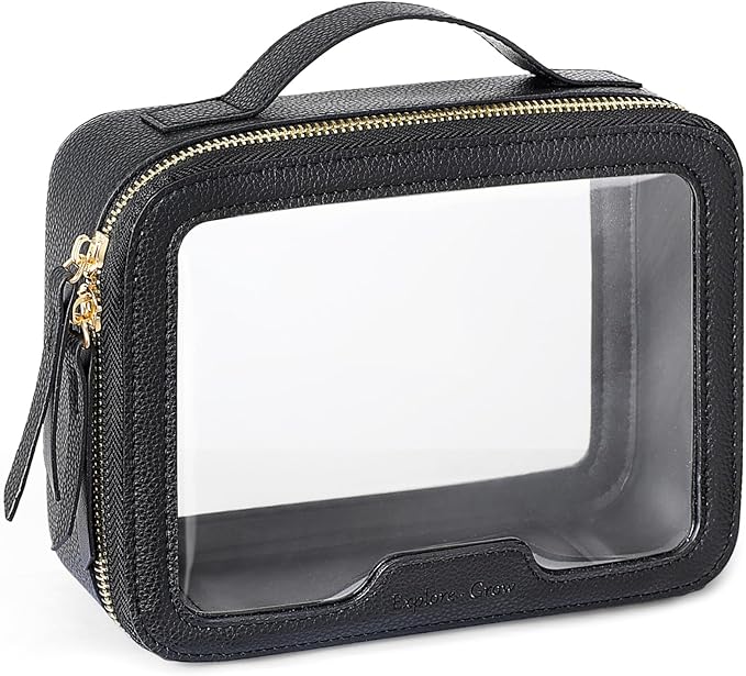 PACKISM Structured Clear Makeup Bag - Faux Leather Cosmetic Pouch with Reinforced Frame, Stand-Up Toiletry Organizer for Purse & Car Console, Medium Black