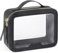 PACKISM Structured Clear Makeup Bag - Faux Leather Cosmetic Pouch with Reinforced Frame, Stand-Up Toiletry Organizer for Purse & Car Console, Medium Black