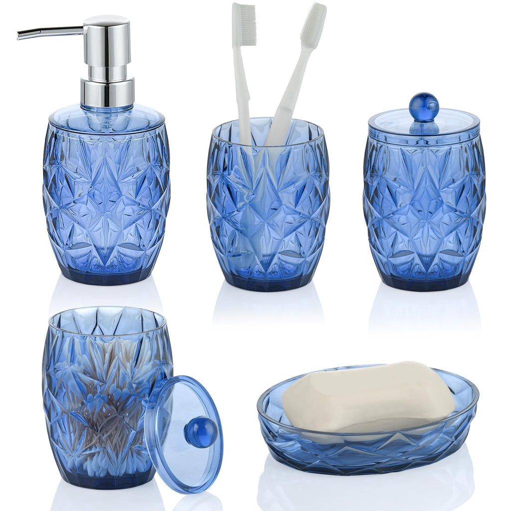 Modern Shatterproof Acrylic Cobalt Blue Bathroom Accessories Set – 5-Piece Glass-Free Vanity Set with Soap Dispenser, Toothbrush/Makeup Brush Holder, 2 Cotton Jars with Lids, and Soap Dish