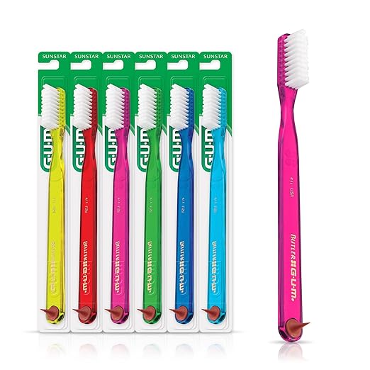GUM Classic Toothbrush for Adults, Soft Bristles, Full Head, Includes Rubber Tip Dental Pick, 1 Count (Pack of 6)