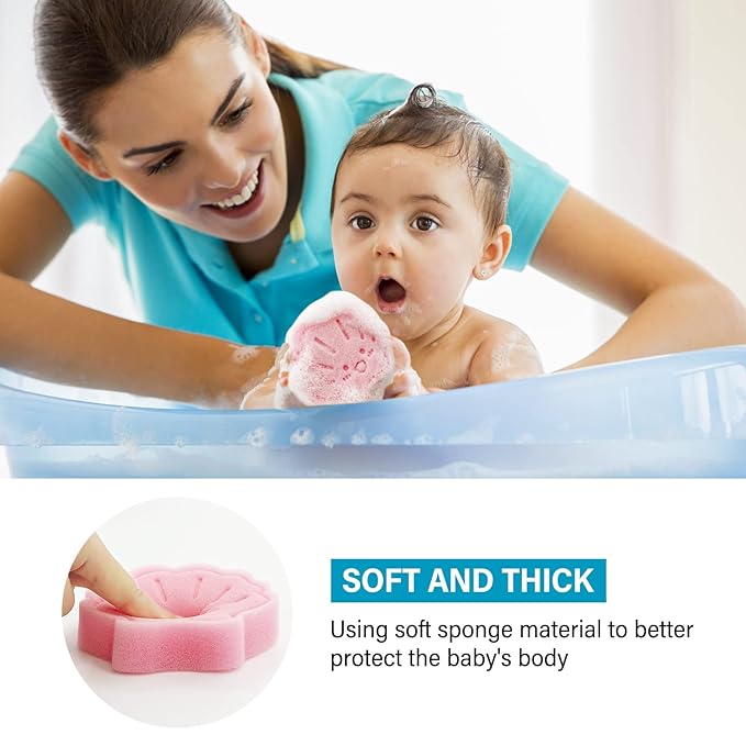 DANCELF Baby Bath Sponge, Natural Cute Shapes Soft Shower Sponges for Bathing, Bathtub Foam for Infants and Toddler, 3pcs: Blue Dolphin, Pink Shell, Green Turtle