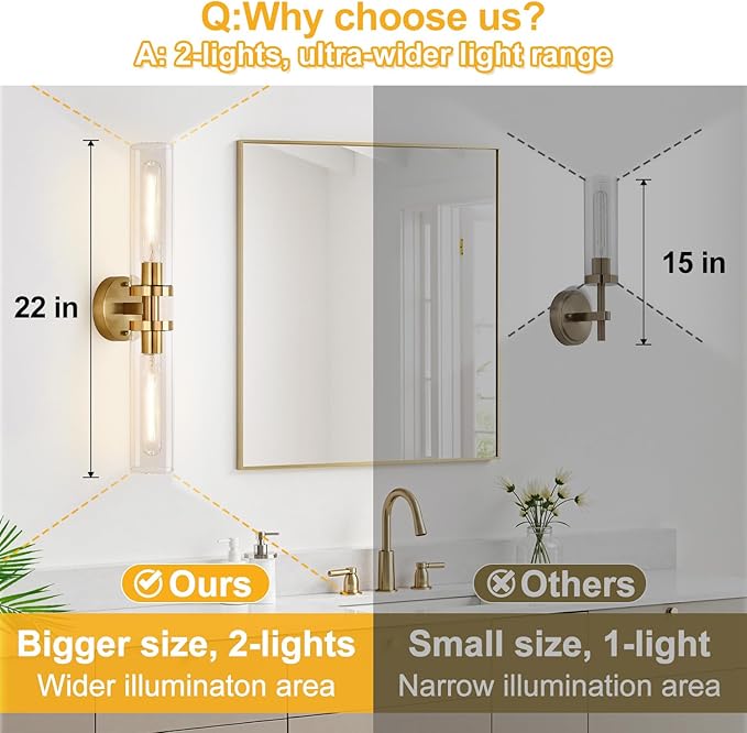Brushed Gold Wall Sconces, Hardwired Bathroom Sconces Wall Lighting with Clear Glass, Modern Sconces Wall Light fixtures for Bathroom Mirror Living Room Hallway Bedroom