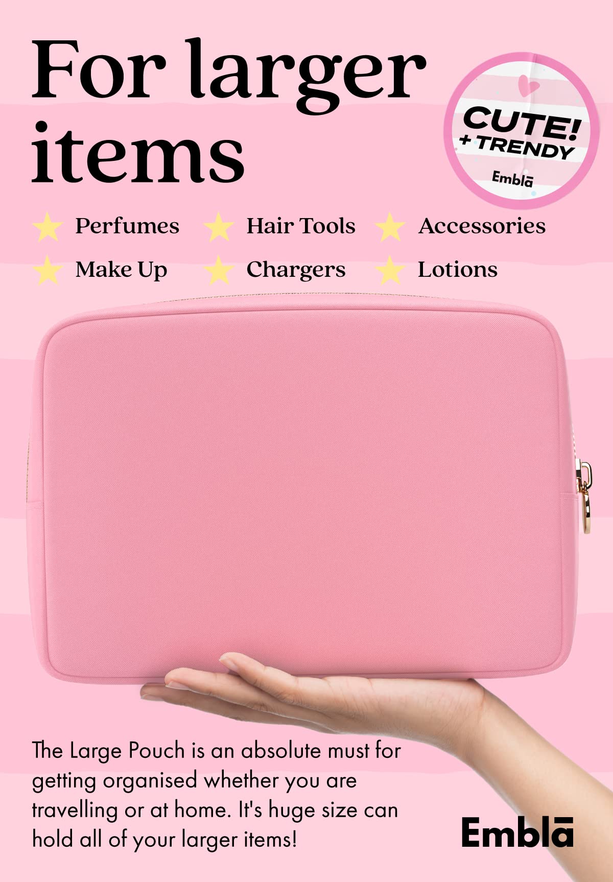 Embla Large Makeup Bag and Waterproof Nylon Travel Toiletry Bag, Large Capacity Cosmetic Zipper Pouch, Light Pink
