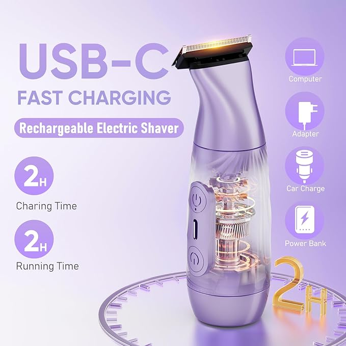New Designed for Sensitive Skin Painless 2-in-1 Bikini Trimmer for Women,Dual Heads Electric Shaver & Razor for Body Pubic Underarm&Facial Hair,IPX7 Waterproof,Rechargeable Cordless Razor