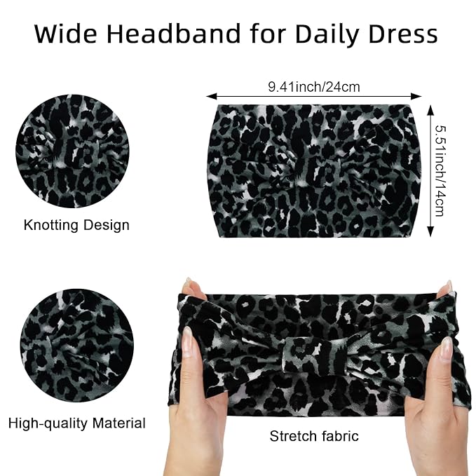 Huachi Wide Headbands for Women Black Stylish Head Wraps Boho Thick Hairbands Large African Leopard Printed Sport Yoga Turban Headband Hair Accessories (Pack of 4)