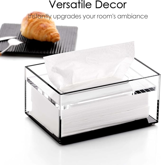 SANRUI Clear Acrylic Facial Tissue Box Cover Holder with 8mm Top Lid Rectangle Napkin Dispenser Organizer for Bathroom, Kitchen and Office Desk,Black&Clear