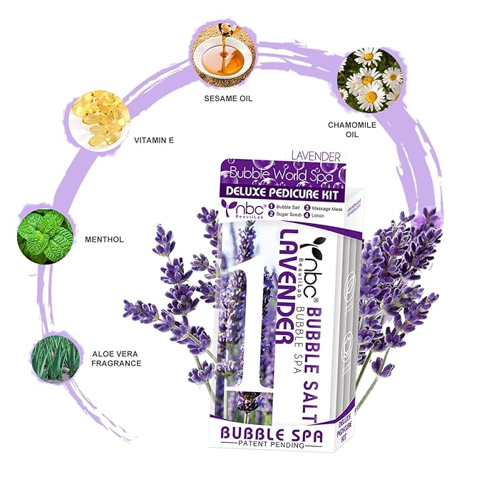 nbc BeautiLab Pedicure Kit Foot Soak Set: Bubble Salt, Sugar Scrub, Massage Mask, Massage Lotion in a Box, 4 Step Foot Spa Kit for Dry Feet,Tired Feet（1 Set Lavender)