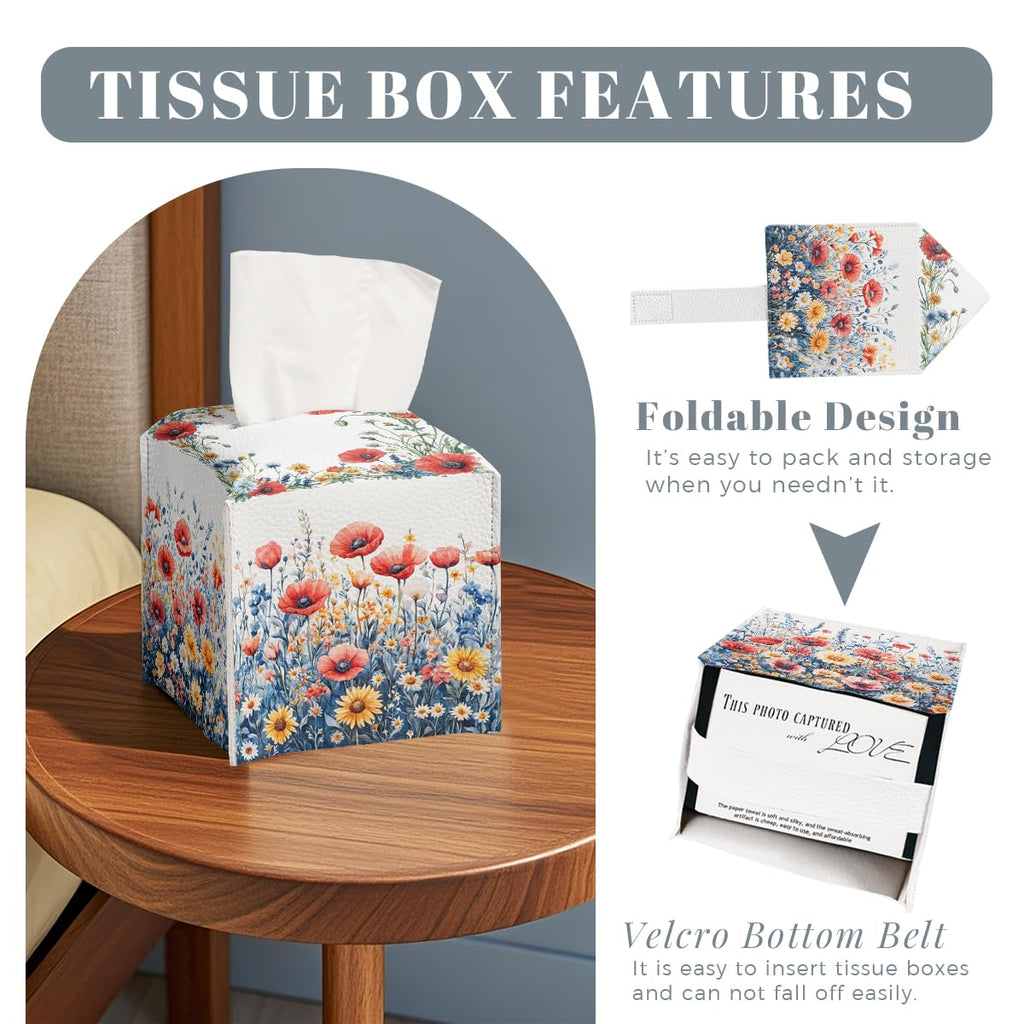 Flower Tissue Box Cover Red Poppy Daisy Wild Garden Watercolor Leather Tissue Box Holder Square Facial Paper Organizer Dispenser for Bathroom Kitchen Bedroom Vanity Countertop Night Stands