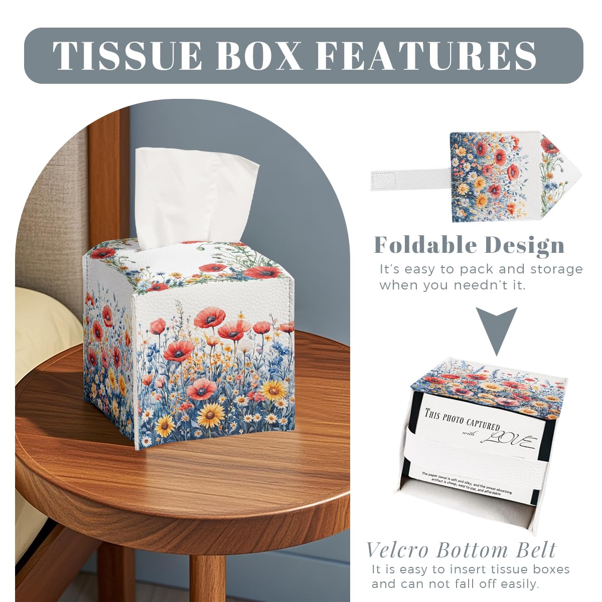 Flower Tissue Box Cover Red Poppy Daisy Wild Garden Watercolor Leather Tissue Box Holder Square Facial Paper Organizer Dispenser for Bathroom Kitchen Bedroom Vanity Countertop Night Stands