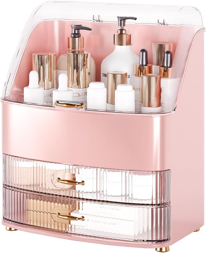 Plukers Makeup Organizer Countertop Vanity with Transparent Lid Drawers Waterproof Dustproof Cosmetic Skincare Bathroom Storage Gift for Women Teens Girls (Pink)