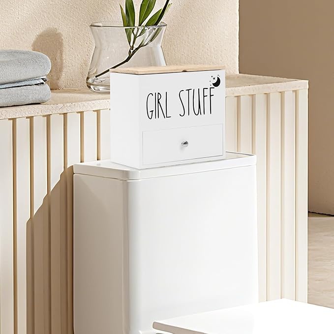 Tampon Holder for Bathroom, Feminine Product Organizer Pad Case with Lid, Pad and Tampon Organizer, Bathroom Accessories Box for Girl Stuff (White with Drawers)