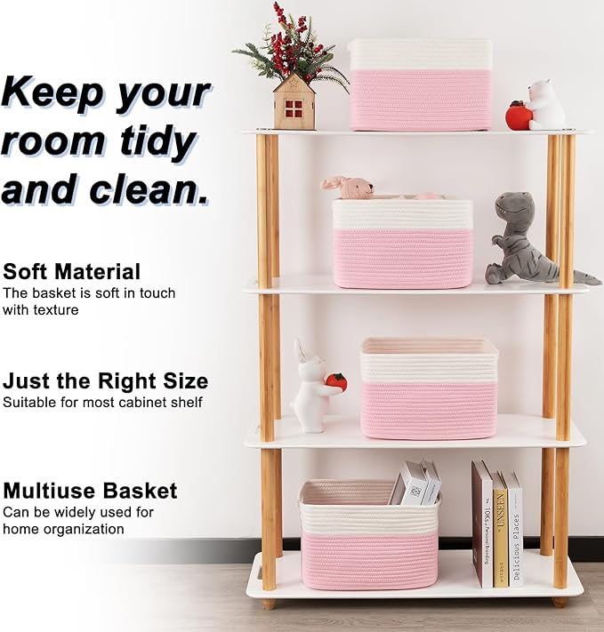 SIXDOVE 4 Pack Storage Baskets for Organizing, Woven Baskets for Shelves - Perfect for Toys, Books, Towels, and Clothes, Durable Gift Basket Bins Toy Storage, 12.7''Lx9''Wx7.8''H, Pink & White