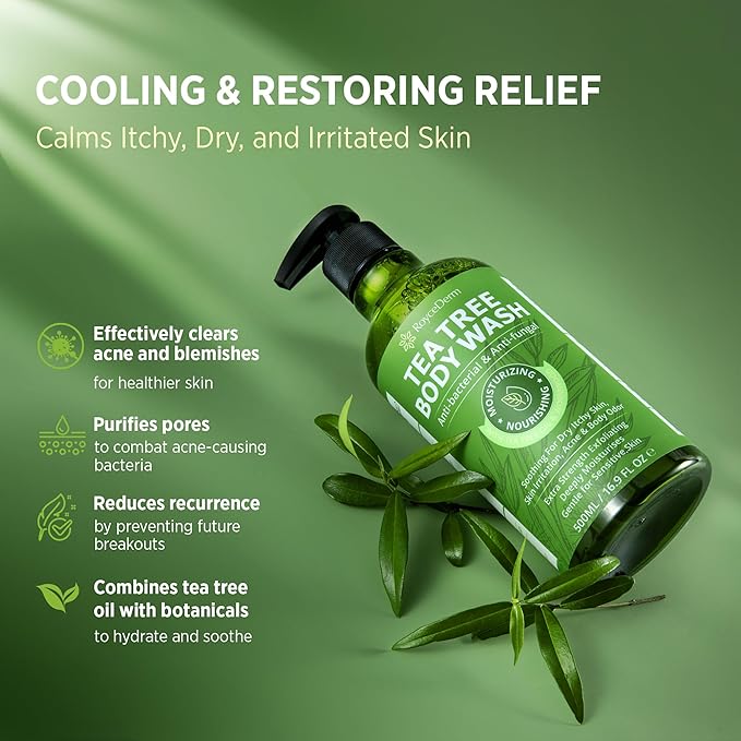 Roycederm Tea Tree Body Wash & Soap, Purifying and Refreshing Body Cleanser with Tea Tree Oil & Wormwood, Moisturizing Body Wash Helps Soothe Skin, Suitable for Men and Women - 2 Pack