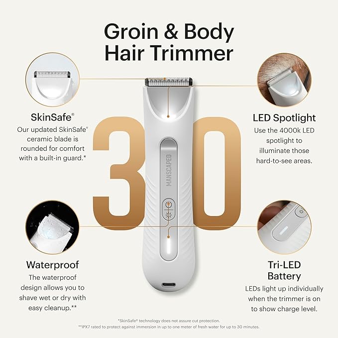 MANSCAPED® The Lawn Mower® 3.0 Plus - Groin, Body & Bikini Hair Trimmer, Updated SkinSafe® Trimmer Blade, Waterproof Wet/Dry Groomer, USB-C Rechargeable, Men’s & Women's Wireless Shaver, White Hot