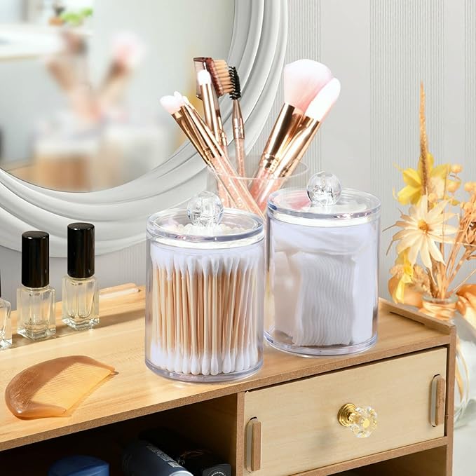 Lavender Qtip Holder Organizer Dispenser Cotton Swabs Cans Plastic Jars with Lid Set 4 Pack Bathroom Storage Canister for Cotton Ball Floss Cotton Pads