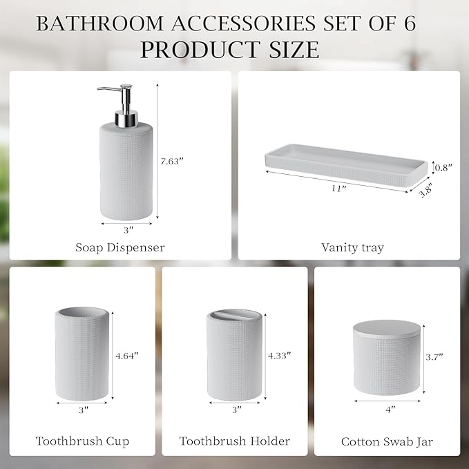 InnJoey 6-Piece White Bathroom Set - Mesh Textured Resin Bathroom Accessories Set with Soap Dispenser, Toothbrush Holder, Cup, Vanity Tray & Apothecary Jars for Small Spaces