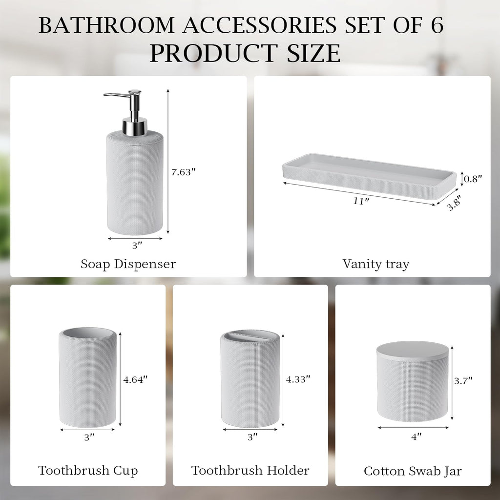 InnJoey 6-Piece White Bathroom Set - Mesh Textured Resin Bathroom Accessories Set with Soap Dispenser, Toothbrush Holder, Cup, Vanity Tray & Apothecary Jars for Small Spaces