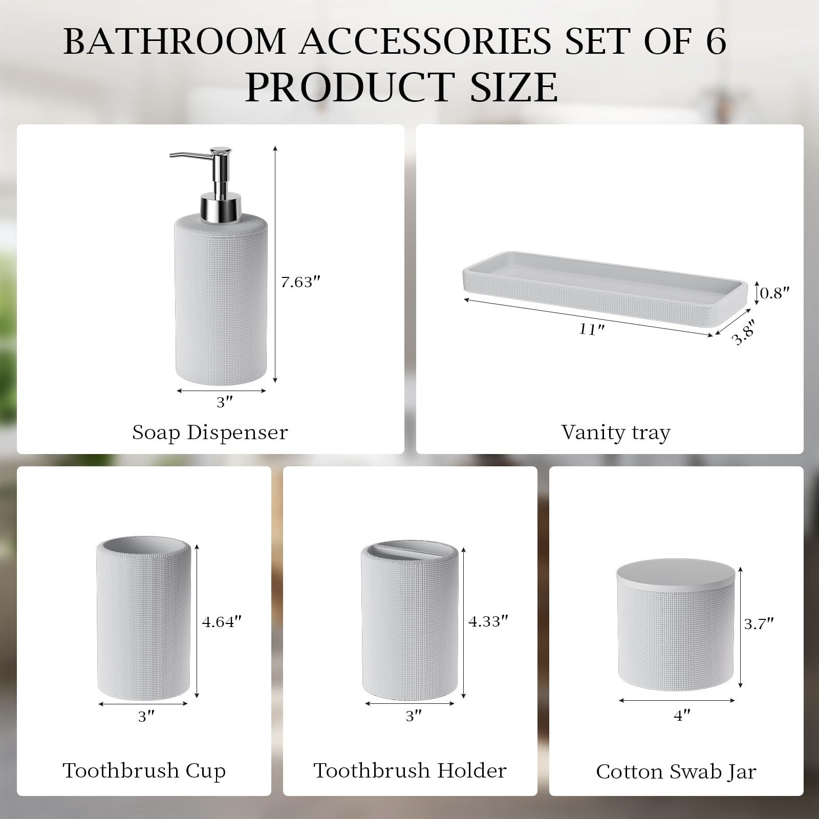 InnJoey 6-Piece White Bathroom Set - Mesh Textured Resin Bathroom Accessories Set with Soap Dispenser, Toothbrush Holder, Cup, Vanity Tray & Apothecary Jars for Small Spaces