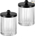 Amolliar Qtip Holder Dispenser for Cotton Swabs, Cotton Balls, Pads, Floss Picks, Clear Glass Canister Apothecary Jar, Bathroom Essential Accessories Decor, Bathroom Storage Organizer (Black, 2 Pack)