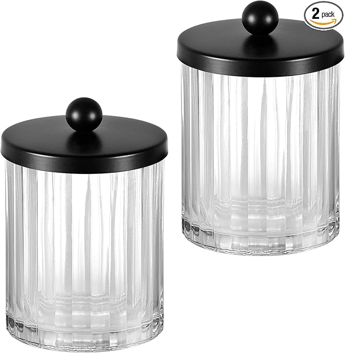 Amolliar Qtip Holder Dispenser for Cotton Swabs, Cotton Balls, Pads, Floss Picks, Clear Glass Canister Apothecary Jar, Bathroom Essential Accessories Decor, Bathroom Storage Organizer (Black, 2 Pack)