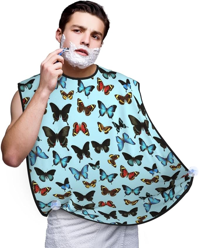 Beard Bib with 3 Suction Cups, Non-Stick Waterproof Hair Catcher Apron, Men's Shaving Essential for Grooming, Gothic Black Butterflies Light Blue Butterfly Shave Bib