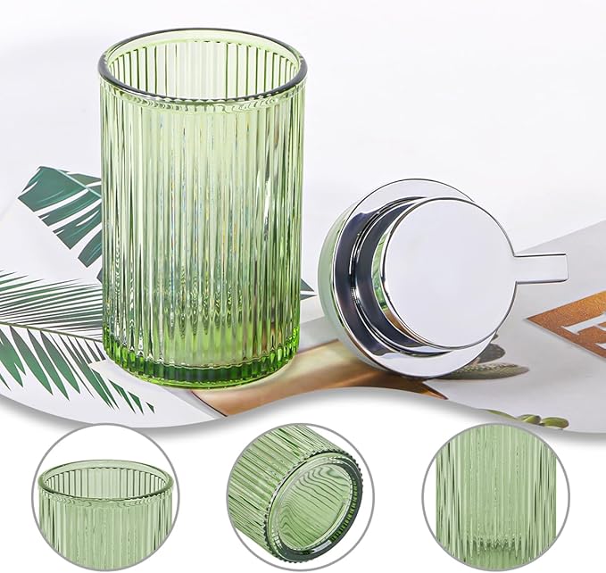 Tonxus Foaming Soap Dispenser, Bathroom Green Glass Foam Soap Dispenser, Refillable 12 Oz Foam Pump Bottle Container with Silver Pump, Decorative Slim Ribbed Dish Soap Dispenser for Kitchen