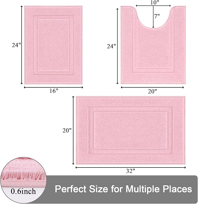 SHACOS Pink Bathroom Rugs Sets 3 Piece Bath Mat U Shaped Toilet Rug