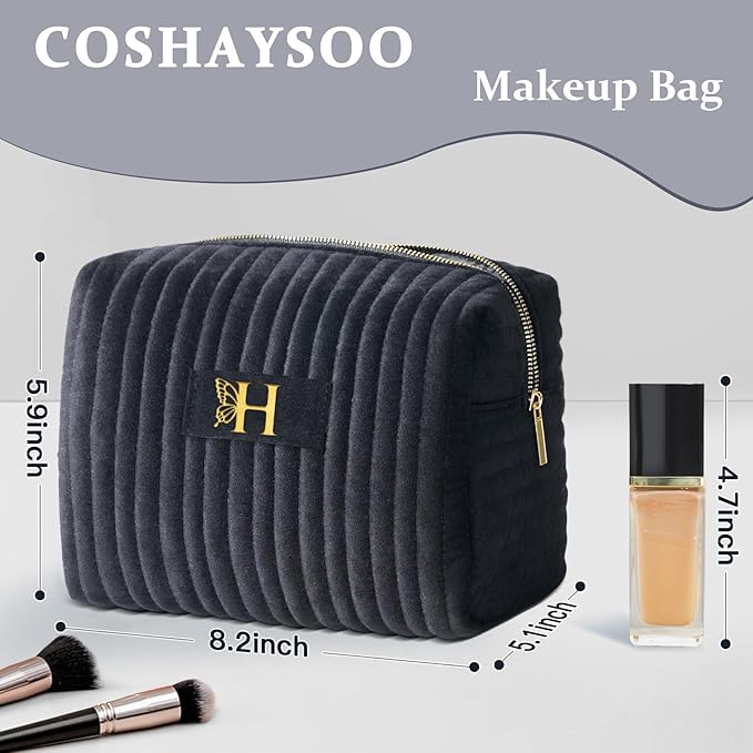 COSHAYSOO Easter Basket Stuffers Essentials Gifts for Women Quilted Makeup Bag Make Up Cosmetic Pouch Travel Size Skin Care Toiletries Lip Balm Gloss Liner Oil Tint Organizer Black Initial Letter H