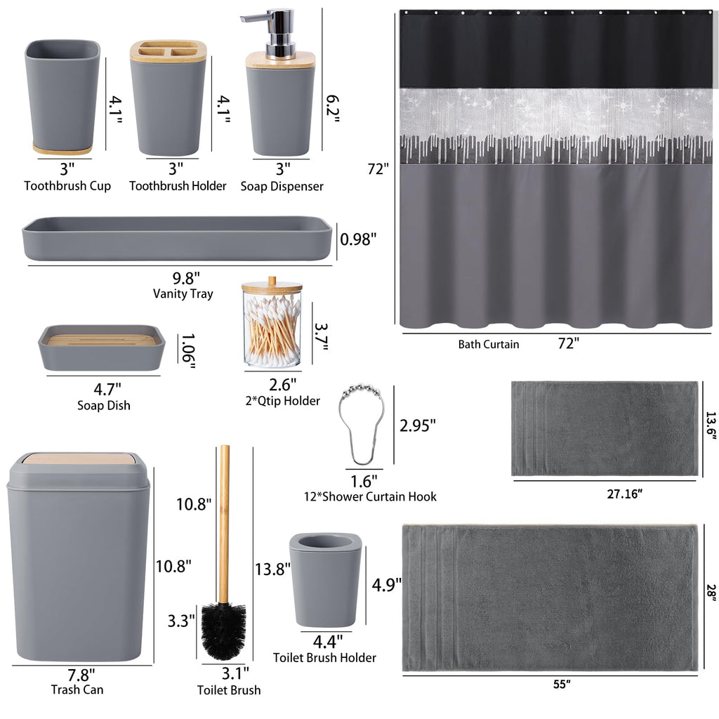 Bathroom Accessory Set – Bathroom Set with Glitter Shower Curtain, Towel Set,24 Piece Grey Shower Curtain, Bathroom Accessories Set with Shower Curtain Set for Home Decor