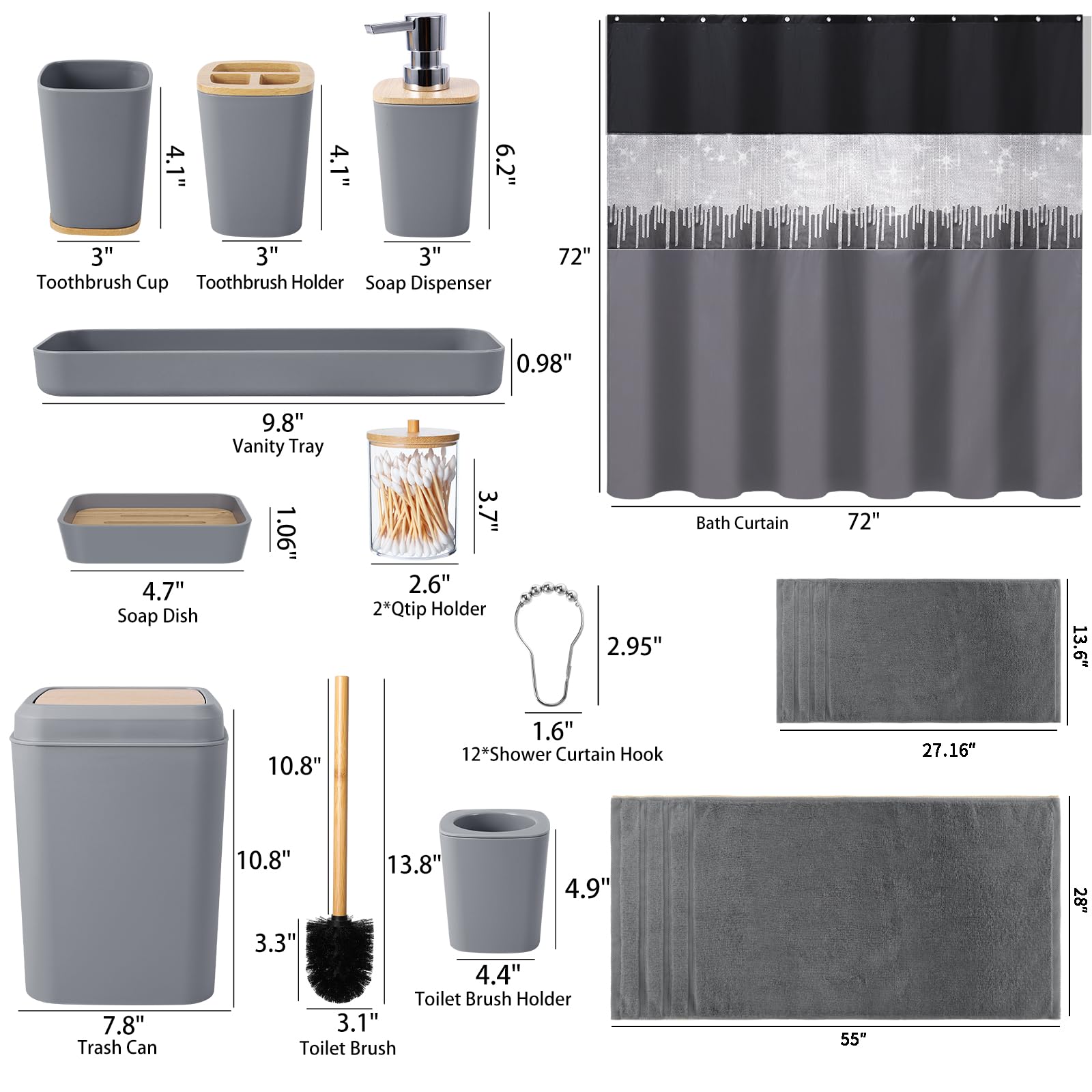 Bathroom Accessory Set – Bathroom Set with Glitter Shower Curtain, Towel Set,24 Piece Grey Shower Curtain, Bathroom Accessories Set with Shower Curtain Set for Home Decor