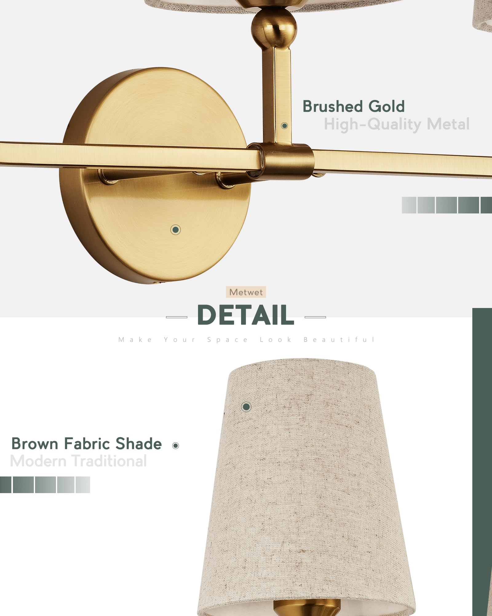 METWET 3-Light Brushed Gold Bathroom Vanity Light, Brown Linen Fabric Shade