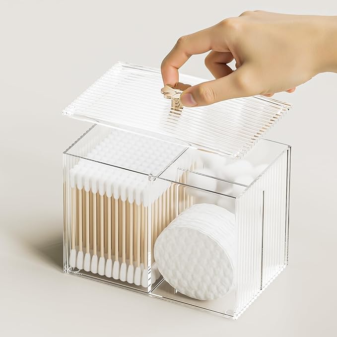 3 Slots Clear Plastic Q Tip Holder for Bathroom with Lid & Non-slip Pads