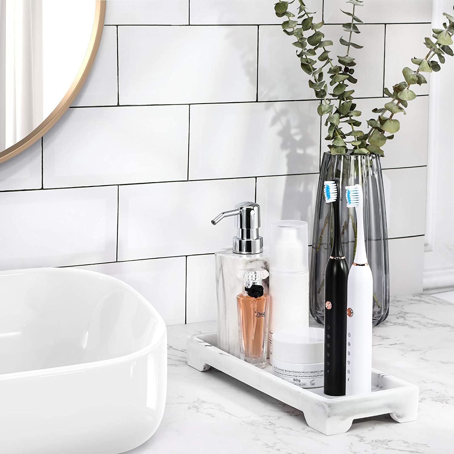 Luxspire Marble Tray for Soap Dispenser Perfume Jewelry, S, Gravel White