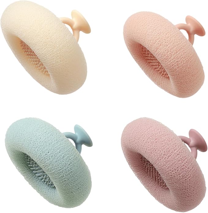 Soft Sunflower Bath Ball with Suction Cup Hook, 3D Textured Mesh Exfoliating Bath Sponge Cleaning Brush，New Silicone Massage Center for Deep Cleansing (Off-White+Flesh Pink+Light Cyan+Purple)