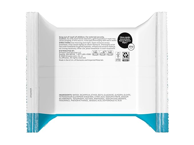Amazon Basics Makeup Remover Wipes, Gentle Cleansing, Dermatologist Tested, Hydrating with Hyaluronic Acid, Plant-Based, Alcohol-Free, Removes Waterproof Mascara, No-Rinse Formula, 25 Count, 6-Pack