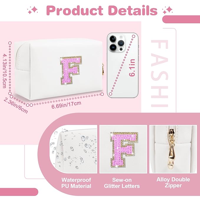 Small Initial Patch Makeup Bag Personalized Gifts Make Up Bag,White Cute PU Leather Glitter Letter Cosmetic Bag with Zipper,Trendy Portable Travel Toiletry Pouch,Preppy Stuff for Teen Girls Women F