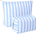 2 Pcs Makeup Bag Set Cute Cosmetic Pouch for Women Seersucker Travel Toiletry Bag Preppy Small Makeup Purse Pouch Aesthetic Skincare Brushes Storage Organizer for Valentine Women(Blue Wide)