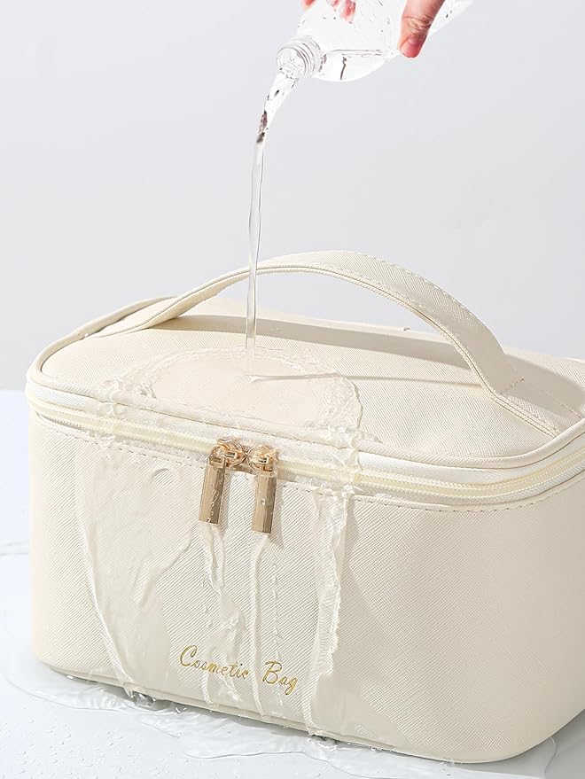 Meiyuuo Travel Makeup Bag for Women, PU Leather Cosmetic Bag, Beige