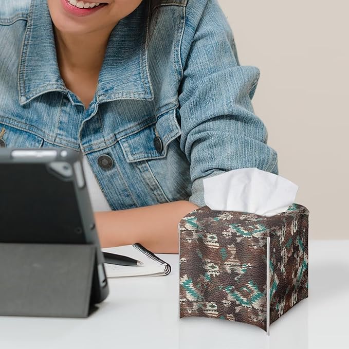 Aztec Cowhide Minimalist Tissue Box Holder, Square PU Leather Napkin Organizer with Secure Metal Button, Waterproof and Stain-Resistant Tissue Cover for Home, Kitchen, and Automotive Use