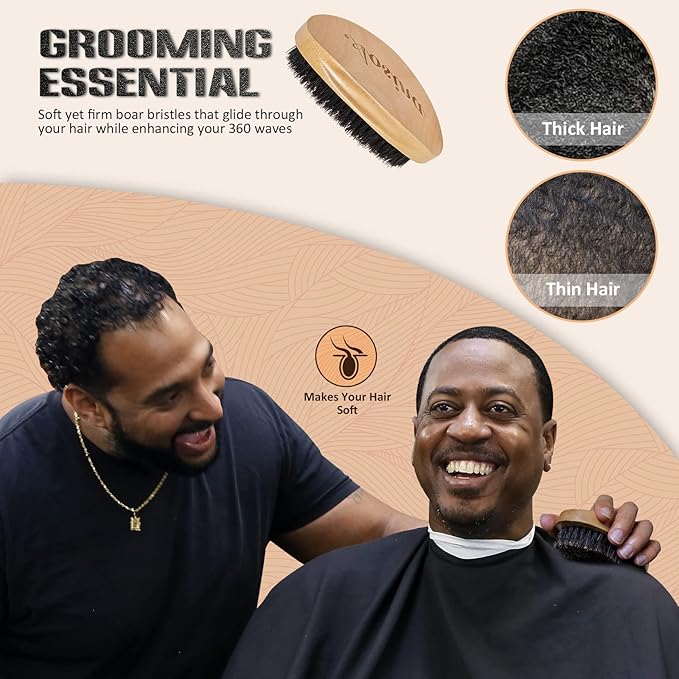 Aosina Soft 360 Wave Brush for Men, 100% Pure Boar Bristle Hair Brush for Men, Beech Wood Curved Palm Brush for Fresh Cuts, Beginners, Short Hair Waves & Beard Grooming
