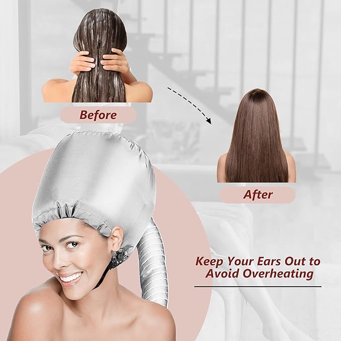 Safety Portable Hair Dryer Bonnet Attachment for Hair Styling, Adjustable Chin Strap and Side Fitting Drawstring Hood Dryers for Hair Home