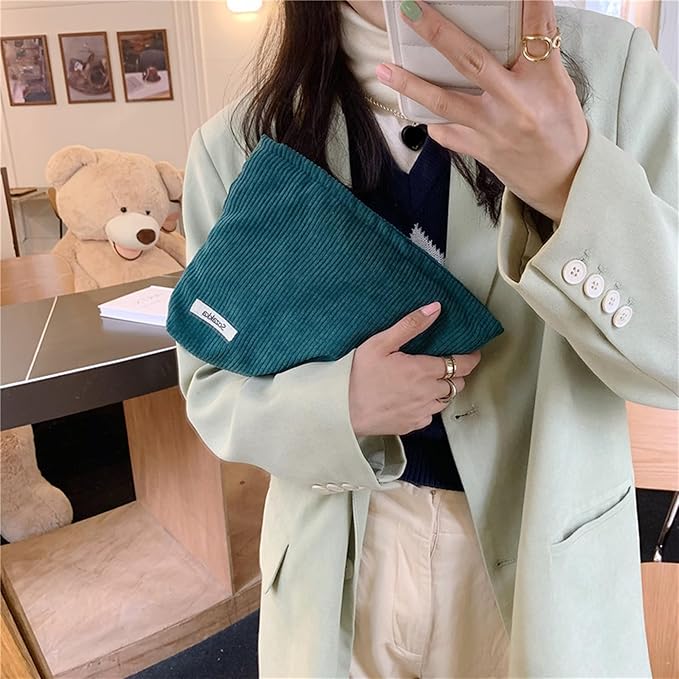 Gardsell Cosmetic Bags for Women - Corduroy Cosmetic Bag Aesthetic Women Handbags Purses Smile Dots Makeup Organizer Storage Makeup Bag Girls Case Bags (Pure Dark green)