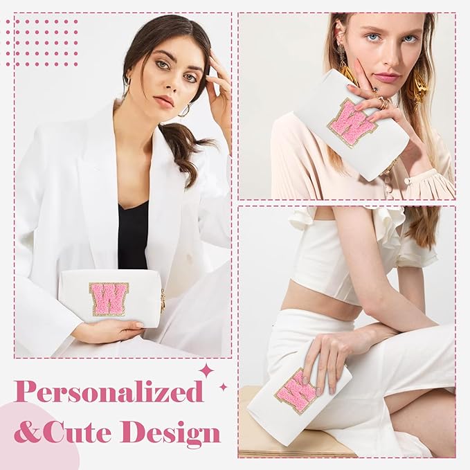 Personalized Makeup Bag Initial A-Z Preppy Patch Bag,Small PU Leather Travel Cosmetic Bag Pouch with Zipper,White Cute Toiletry Bag,Gift Ideal for Teen Girls Women Birthday Friend Mom,Letter W