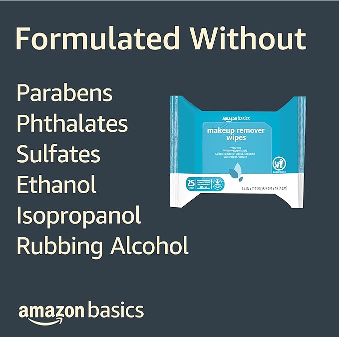 Amazon Basics Makeup Remover Wipes, Gentle Cleansing, Dermatologist Tested, Hydrating with Hyaluronic Acid, Plant-Based, Alcohol-Free, Removes Waterproof Mascara, No-Rinse Formula, 25 Count, 6-Pack