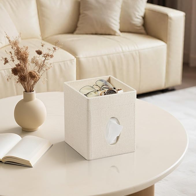Cretkhp Tissue Box Cover, PU Leather Square Tissue Box Holder with Storage Tray for Bathroom Vanity Countertop Night Stands Bedroom Office Desk, Stylish Tissue Holder Decorative Organizer (Linen)