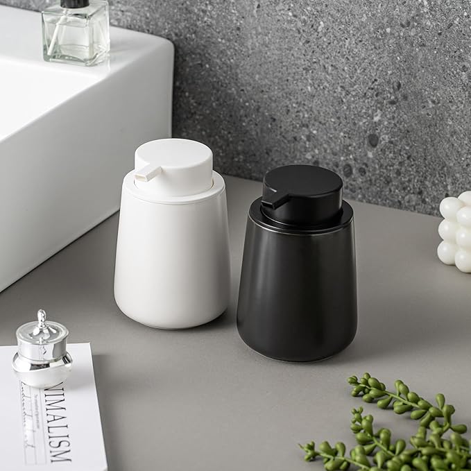 AZMOYAC Foaming Soap Dispenser - 12 OZ White Ceramic Foam Soap Dispenser for Bathroom, Hand Wash Dispenser Bottle with Black Foaming Pump, Refillable Dish Dispenser Kitchen