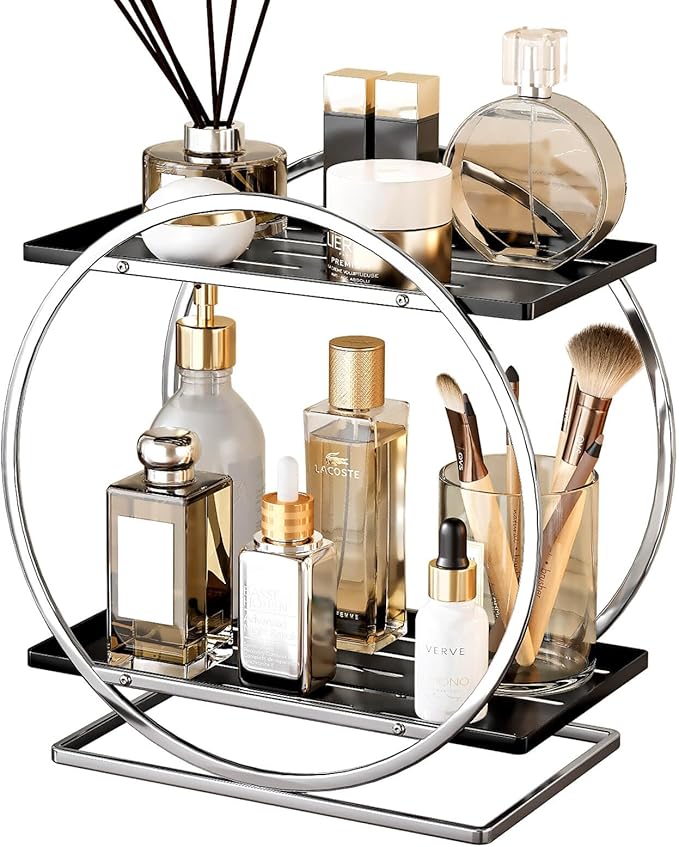 YIWANFW Bathroom Counter Organizer, Silver Black Perfume Organizer for Dresser, 2-Tier Bathroom Organizers and Storage, Exquisite Makeup Organizer Countertop Vanity Tray for Perfume Cosmetic Skincare