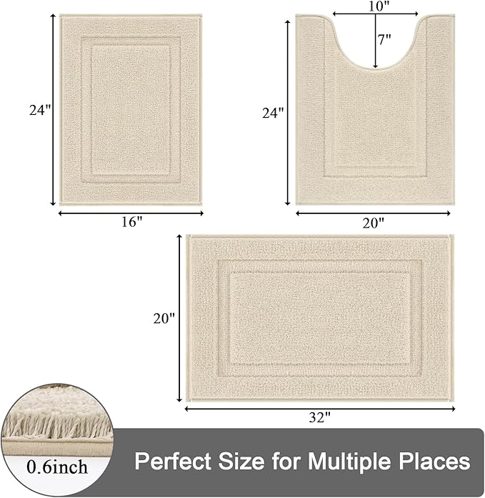 SHACOS Light Beige Bathroom Rugs Sets 3 Piece Bath Mat U Shaped Toilet Rug